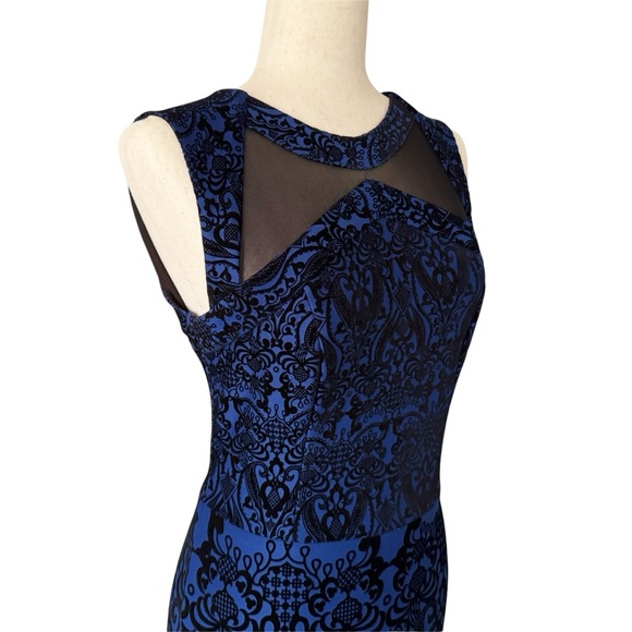 Y2K velvet burnout blue black Sleeveless midi Dress elegant sheath goth 960 - Picture 2 of 16